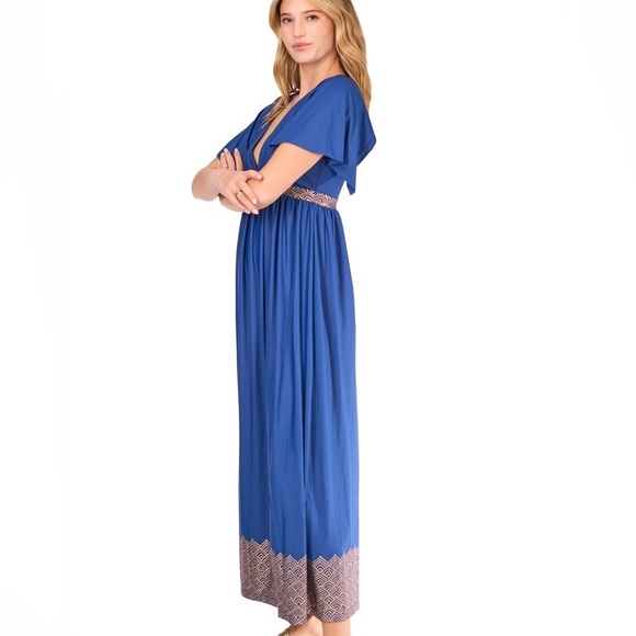 Cabana Life Blue Flutter Sleeve Gold Trim Maxi Dress NWT Size: Medium - Picture 4 of 16